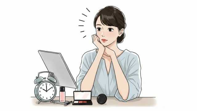 時計とメイク道具を前にスケジュールを考える日本人女性。
