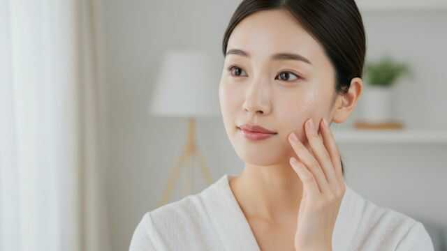 スキンケア後に頬を軽く触れ、肌の状態を確かめる日本人女性。