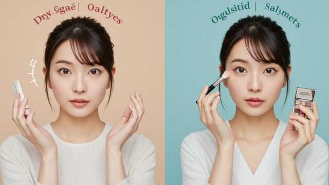 乾燥肌と脂性肌の日本人女性が、それぞれに合ったメイク準備をする様子。