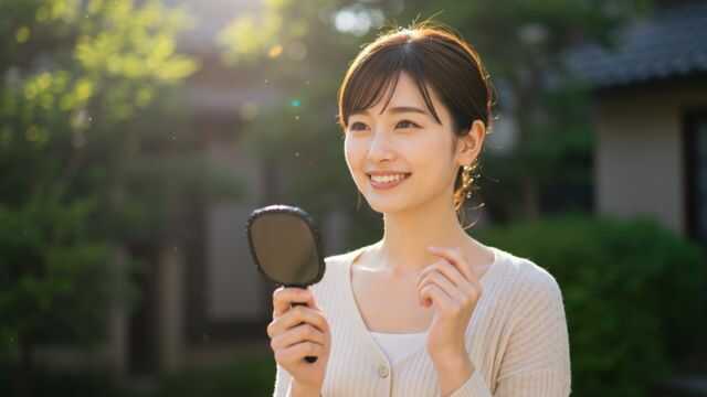 小さな鏡を手に持ち、外出する笑顔の日本人女性。綺麗に仕上がったメイクが輝く。